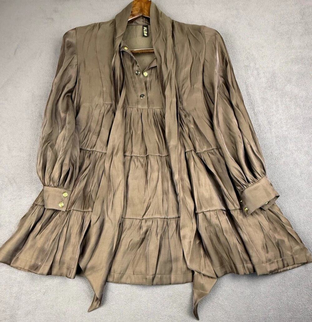 ALBERELLO Girls 140 Chocolate Brown Tiered Tie Neck Satin Sheen Dress Tunic